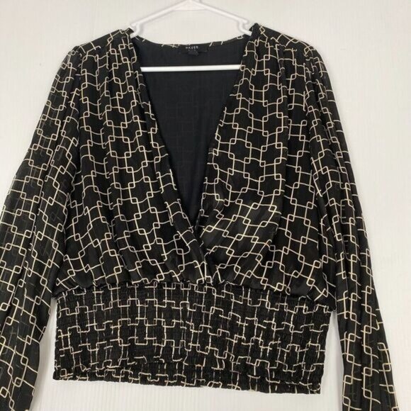 HAVER LONDON Black/Gold Geo Chains VNeck Elastic Cuffs Ruched Waist Blouse Large - Picture 14 of 15